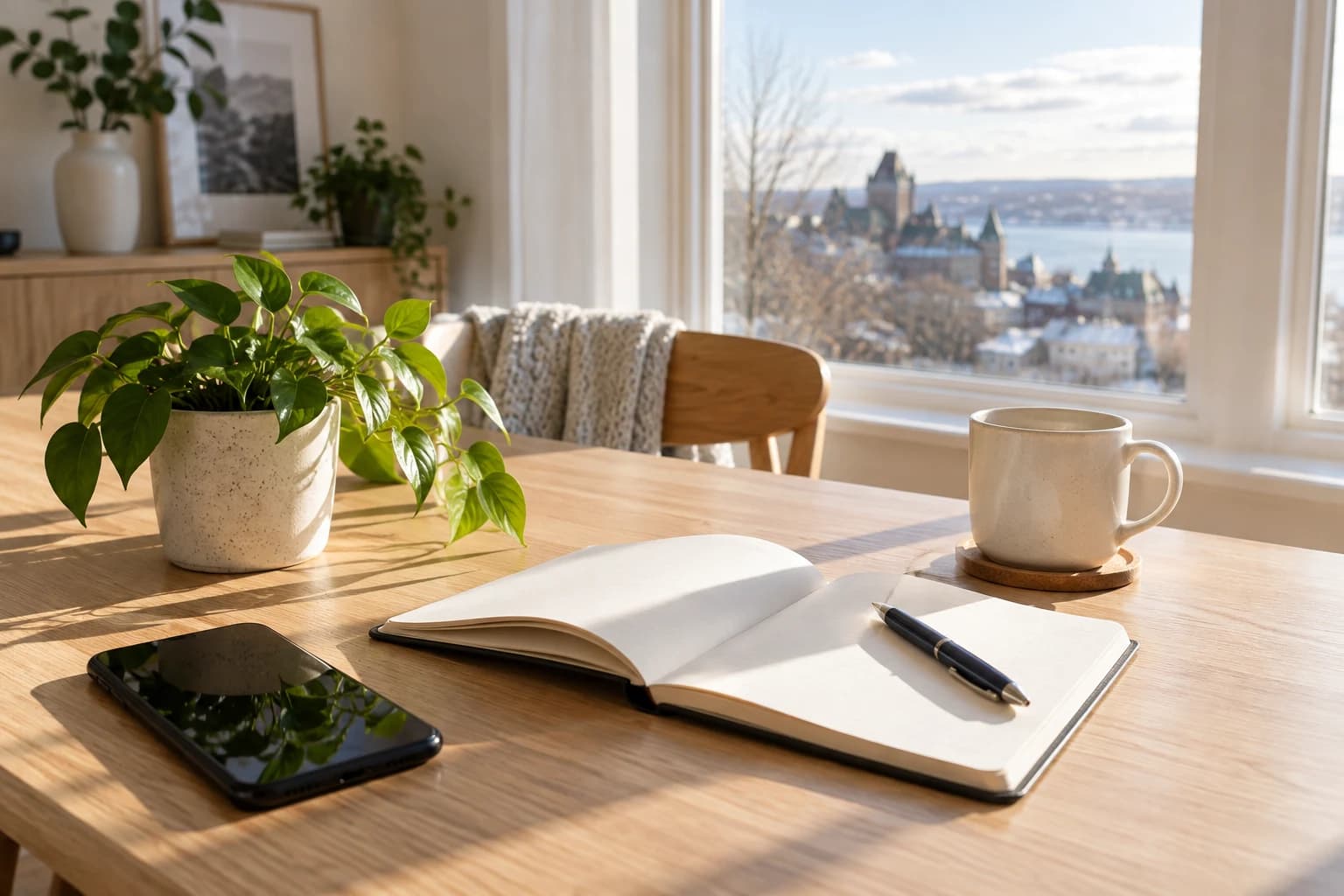 Un carnet et un téléphone sur une table ensoleillée pour préparer son projet.